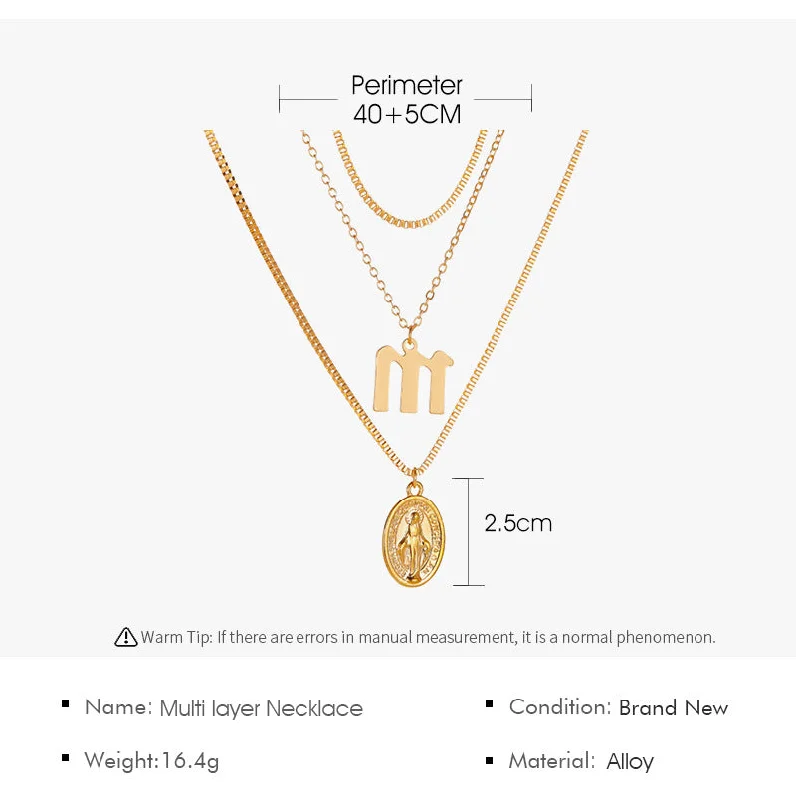 Women’s personalized name necklaces-New Retro Religious Three-layer Metal Long  Multi-layer Letter Idol Alloy Necklace